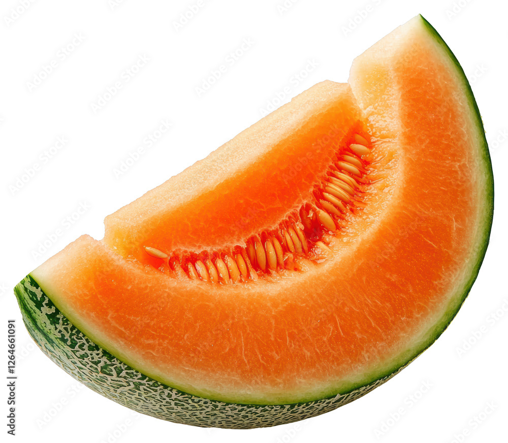 Poster close up of a cantaloupe slice with a textured rind and transparent backdrop
