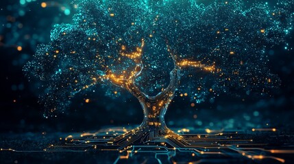 A digital tree composed of glowing circuits and small pixelated leaves, symbolizing the integration of nature and technology