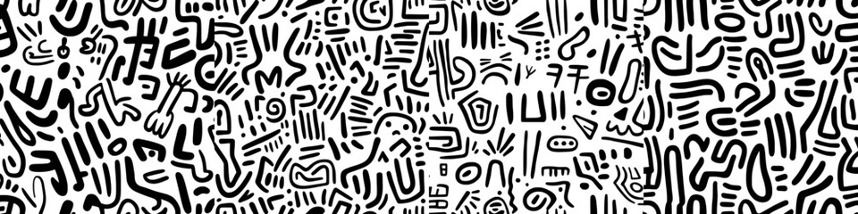 Modern illustration featuring a Memphis style black and white seamless geometric hand drawn ink pattern