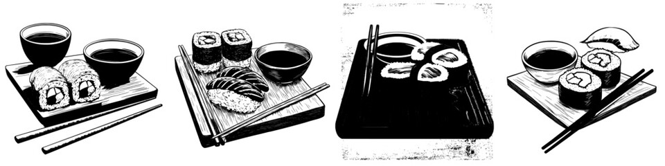 A hand drawn sushi set with hatching, positioned on a wooden board and isolated against a white background, is depicted in a vintage monochrome food etching design