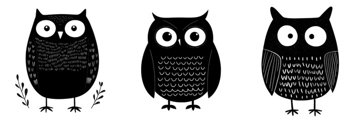 This set includes cute cartoon hand drawn owl illustrations, sweet modern black and white owl illustrations, and isolated monochrome owl illustrations