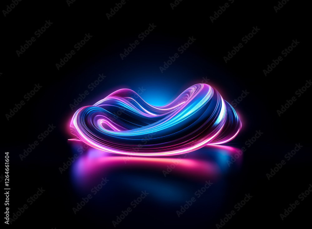 Poster a luminous abstract 3d shape glows with neon blue and pink colors. the twisted and reflective form i