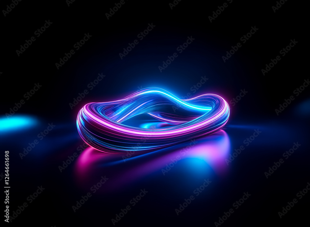 Poster a glowing three-dimensional abstract form with smooth curves is illuminated by vibrant blue and pink