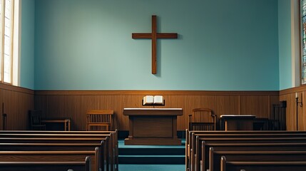 A peaceful Protestant church interior with a wooden cross on the wall, simple wooden pews, and an open Bible on the altar.