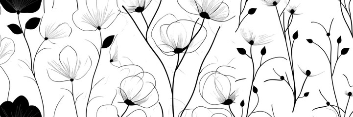 Naklejka premium A hand-drawn, one-line style floral pattern in monochrome, featuring a seamless and trendy texture