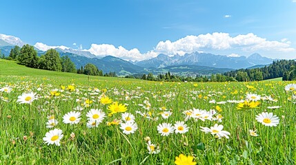 Fototapeta premium Alpine meadow wildflowers, mountain backdrop, sunny day, travel poster (2)