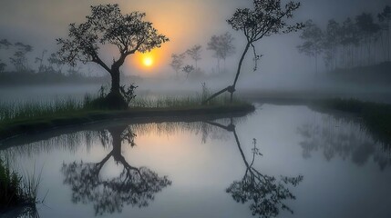 Misty sunrise over tranquil water reflecting trees