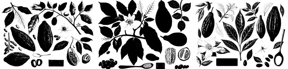 The illustration set showcases hand-drawn sketches of cocoa and chocolate products in a modern vintage style, emphasizing the natural and healthy aspects of food