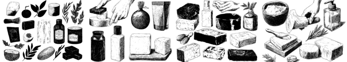 A bar of soap is featured, showcasing a vintage approach to hand washing, complete with homemade packaging and an organic bubble cosmetic that produces a natural lather for bath time, as illustrated