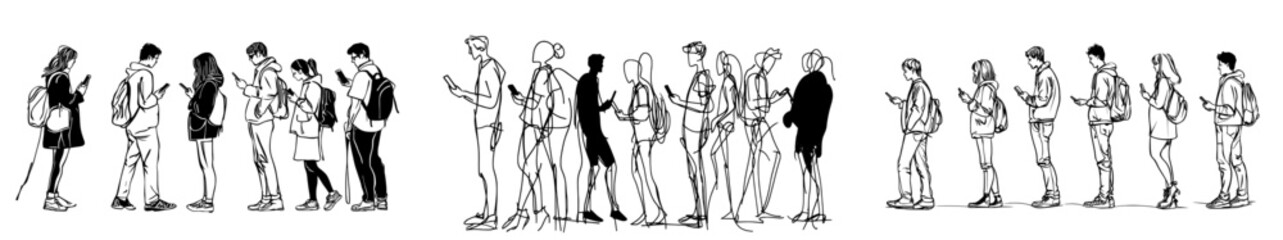 A collection of men and women of various ages are depicted standing and sitting in a range of poses, rendered in a simple line art style with a modern monochrome aesthetic, comprising hand-drawn
