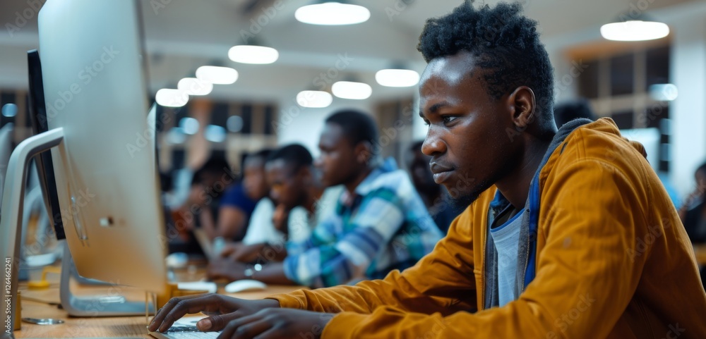 Poster Groups of young people concentrate on their computer tasks in a modern tech space, illuminated by soft overhead lighting, fostering a productive atmosphere in the evening.