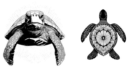 A modern monochrome doodle turtle is decorated with an oriental design