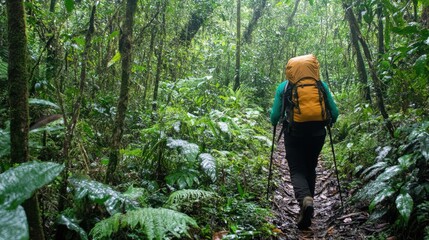 Obraz premium A person hiking through dense forest trails, preparing for a wilderness camping experience.