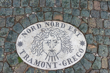 Stone Compass Rose Marker with Directions on Cobbled Paving, Vatican.dng