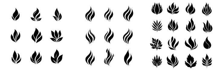 Collection of monochrome icons representing various fires and flames