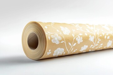 A roll of decorative wallpaper with a floral pattern, featuring white flowers and delicate branches on a beige background, perfect for home renovation projects and interior decor ideas.