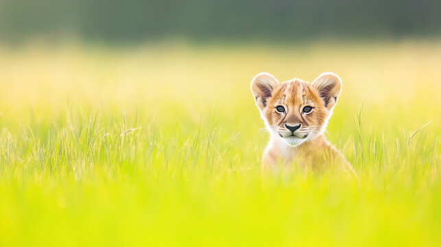 liger cub playing in field of tall grass, fluffy fur