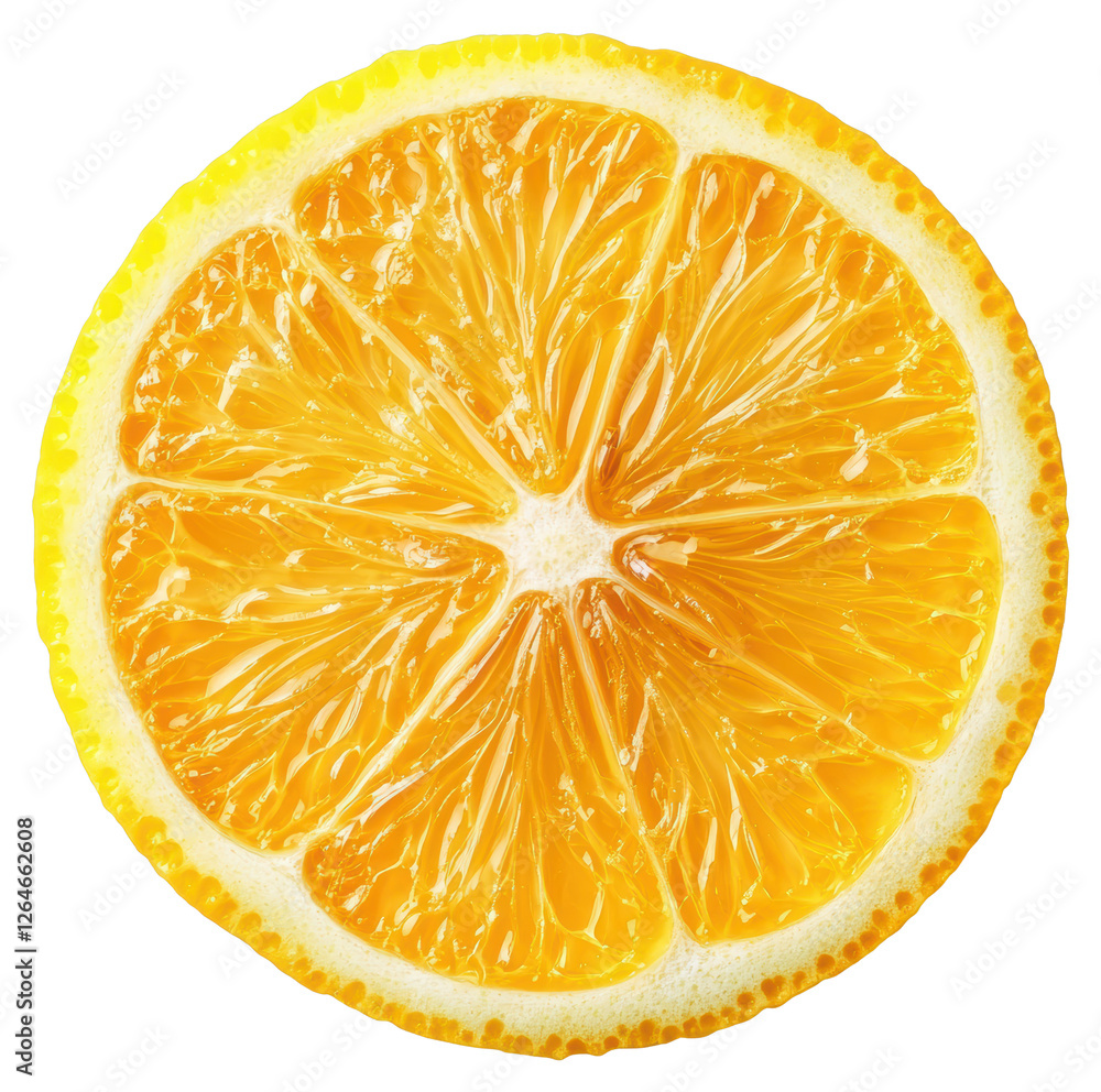 Poster close up of a lemon slice with visible juicy pulp on a transparent background