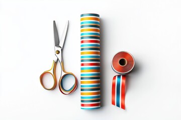 A vibrant set of gift wrapping essentials arranged on a clean white surface, featuring striped paper, matching ribbon, and a pair of stylish scissors ready for crafting.