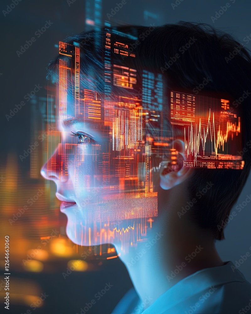 Poster digital banking account accessibility, futuristic concept of data visualization merging with human p
