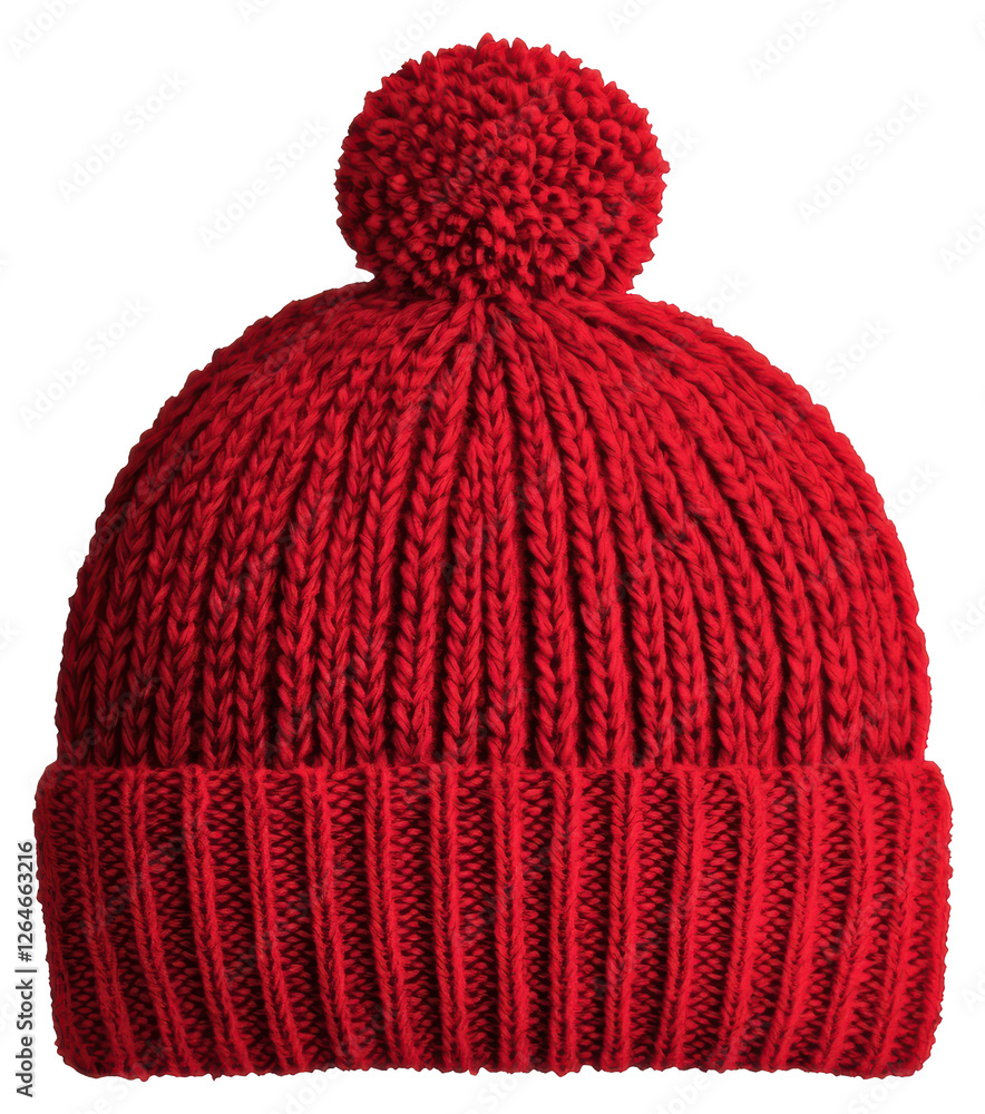 Poster close up of a red knitted beanie hat with pom pom on transparent background
