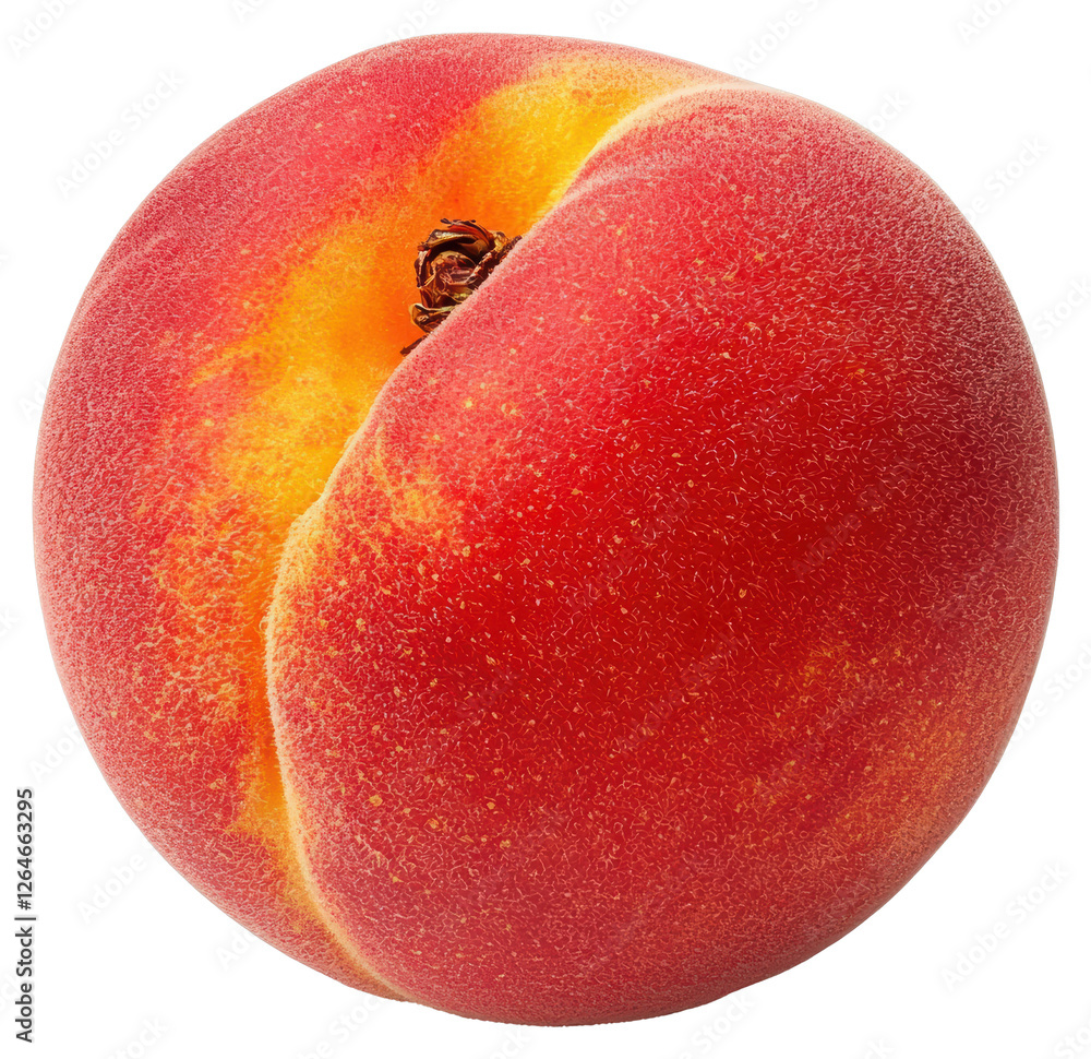 Poster close up of a ripe peach with a fuzzy skin and yellow and red gradient on transparent