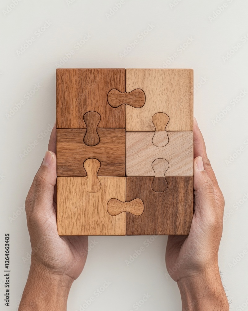 Aufkleber Minimalist Puzzle Piece Collaboration Hands Assembling Wooden Blocks on Neutral Surface - Innovative Team-Building Content and Creative Problem-Solving Tools for Modern Workspaces