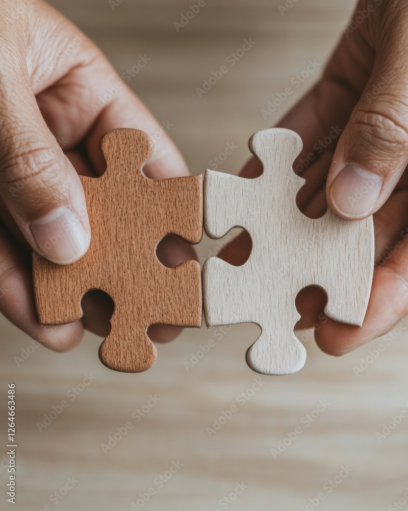 Poster collaborative minimalism diverse hands connecting wooden puzzle pieces - strategic problem-solving v