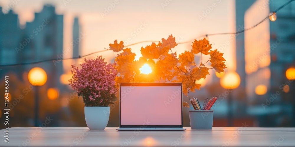 Poster Serene Dual-Screen Workspace with Sunset Backdrop Professional Desk Setup Featuring Minimalist Stationery for Remote Work Efficiency - Modern Business Aesthetic and Workflow Enhancement