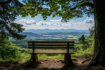 Fototapeta premium Serene mountain view from a wooden bench nestled in a lush forest, perfect for relaxation and contemplation.
