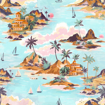 Beautiful vector tropical seamless pattern with hand drawn paradise islands with mountains and palm trees on beaches with ocean and clouds in sky. Ready tropical print design.