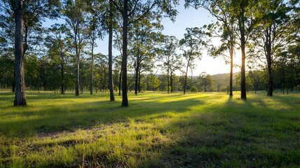 Obraz premium Golden Sunlight Through Trees In Forest