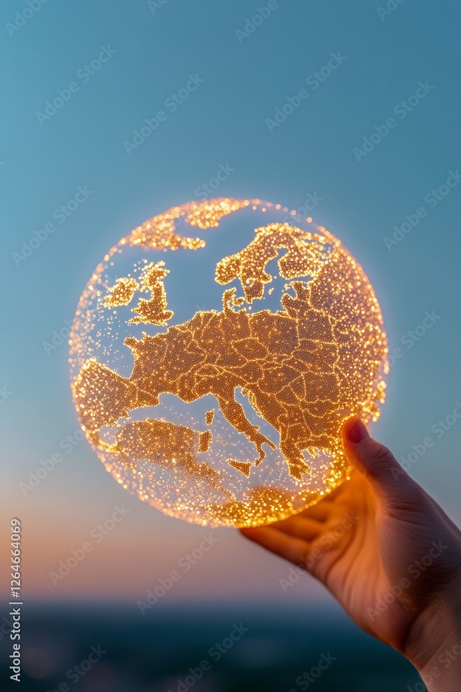 Fototapete illuminated digital globe interactive led map in hand against sunset sky - innovative world connecti