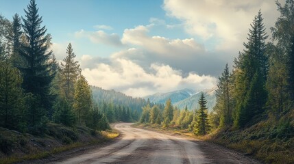 Naklejka premium Dirt road on mountain forest pine sky.