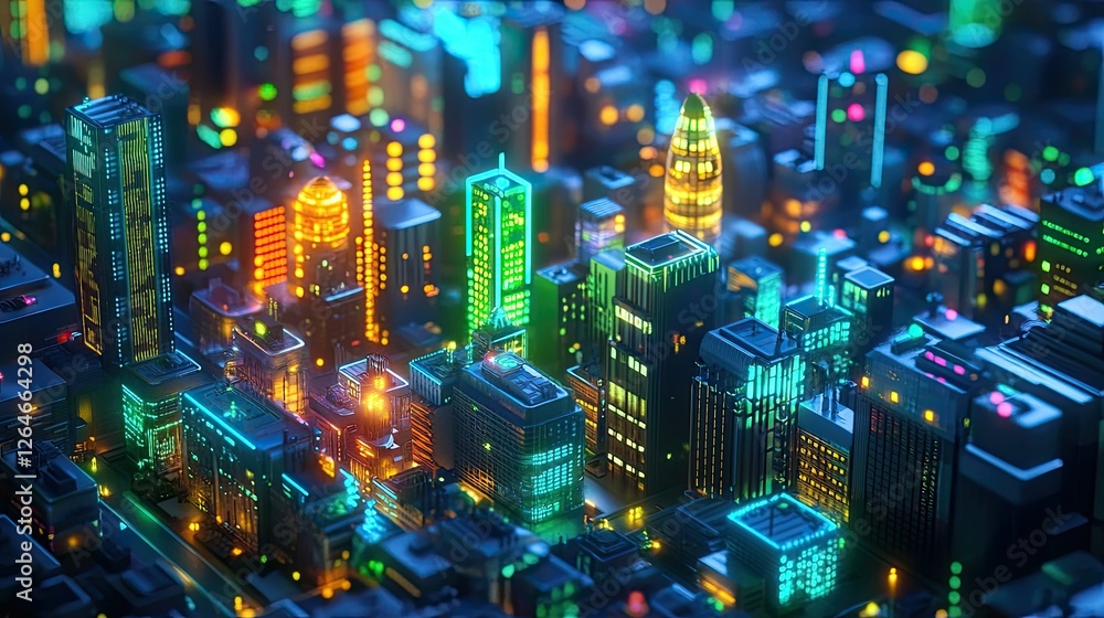 Poster a smart city at night with glowing buildings and smart infrastructure like sensors and green tech so