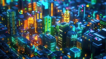 Obraz premium A smart city at night with glowing buildings and smart infrastructure like sensors and green tech solutions.