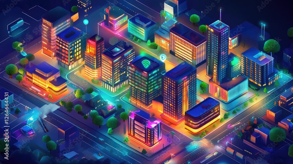 Poster a smart city at night with glowing buildings and smart infrastructure like sensors and green tech so