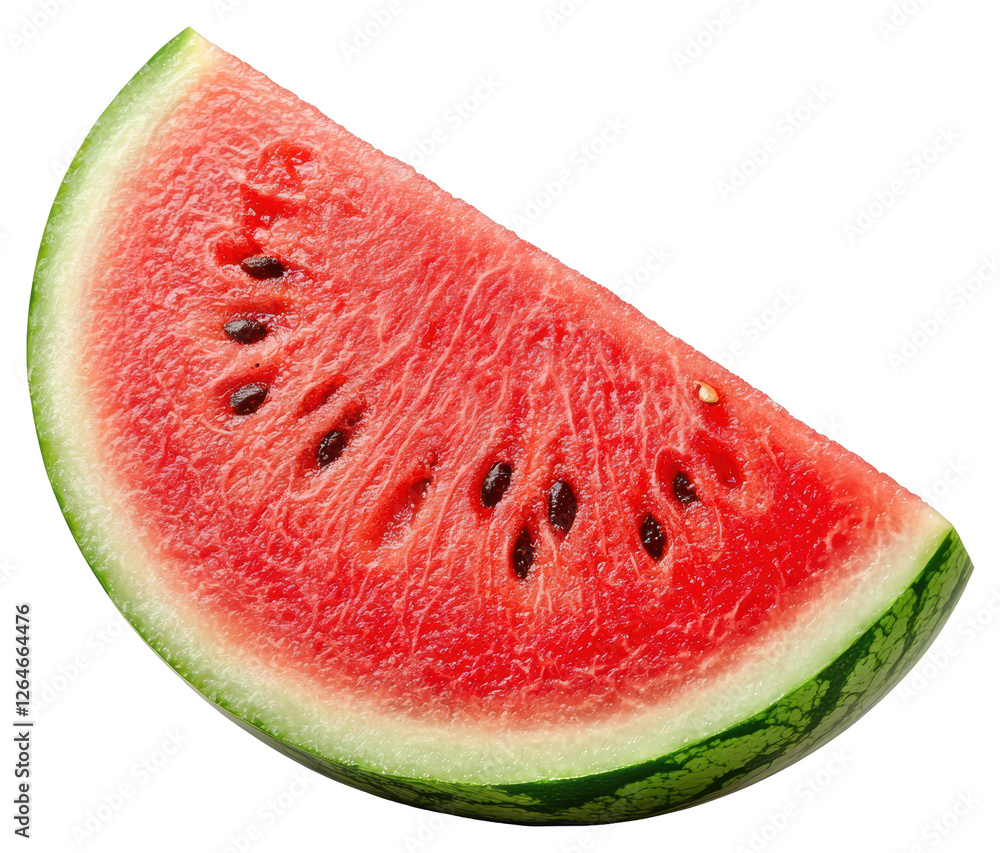 Poster close up of a single watermelon slice with red pulp and black seeds on transparent backdrop
