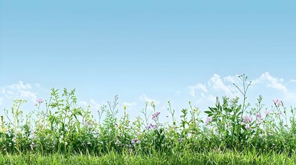 Fototapeta premium Green Grass Field With Wildflowers Under Blue Sky