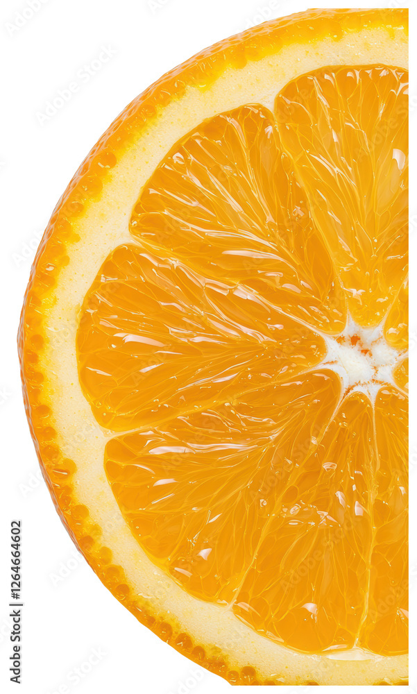 Poster close up of a sliced orange with transparent background showing juicy texture and bright color