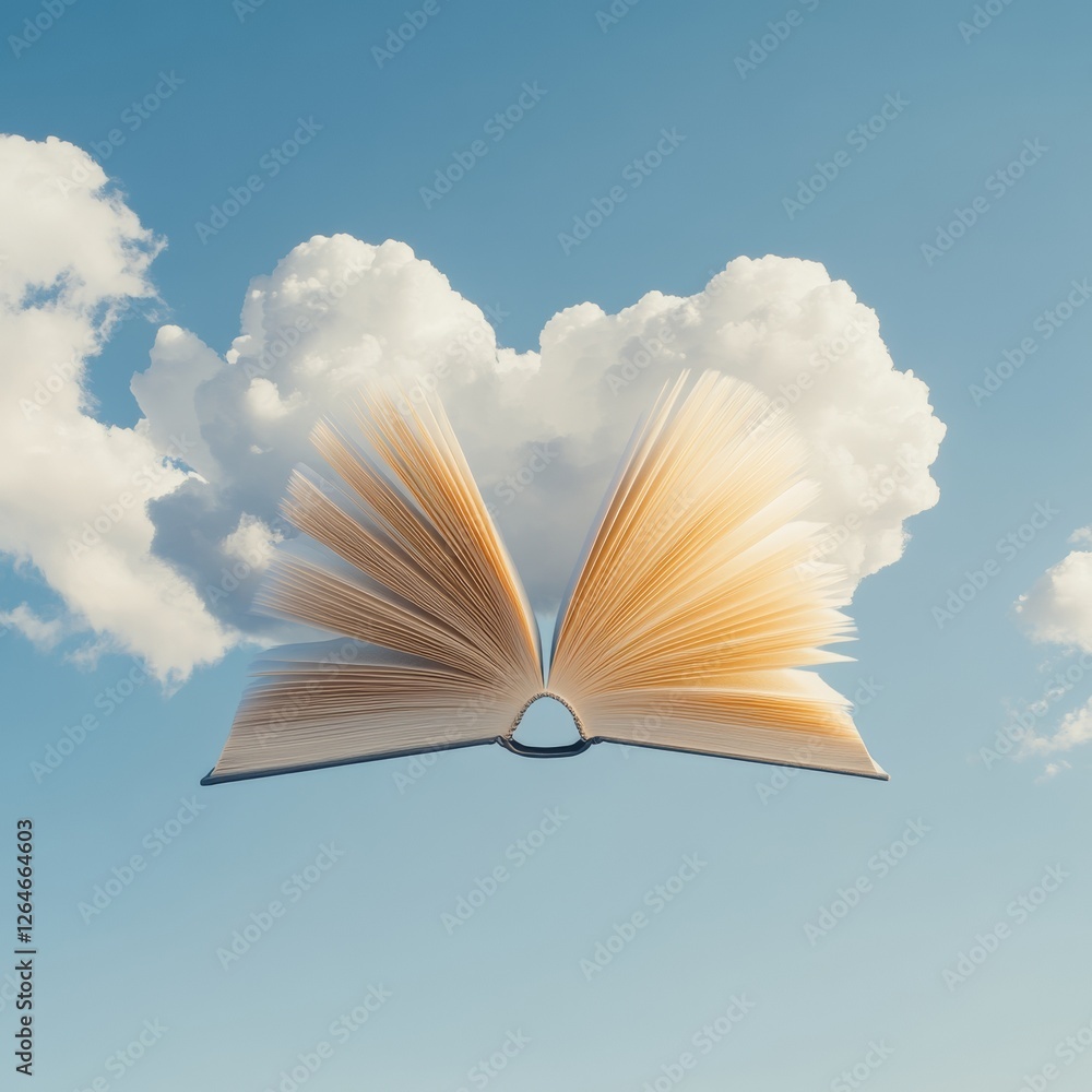 Poster ethereal literary vision floating open book radiates light in cloudy sky - conceptual editorial cont