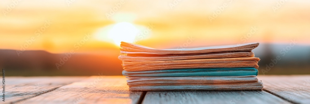 Aufkleber rustic newspaper stack on wooden surface vintage print edition for authentic journalism aesthetic an