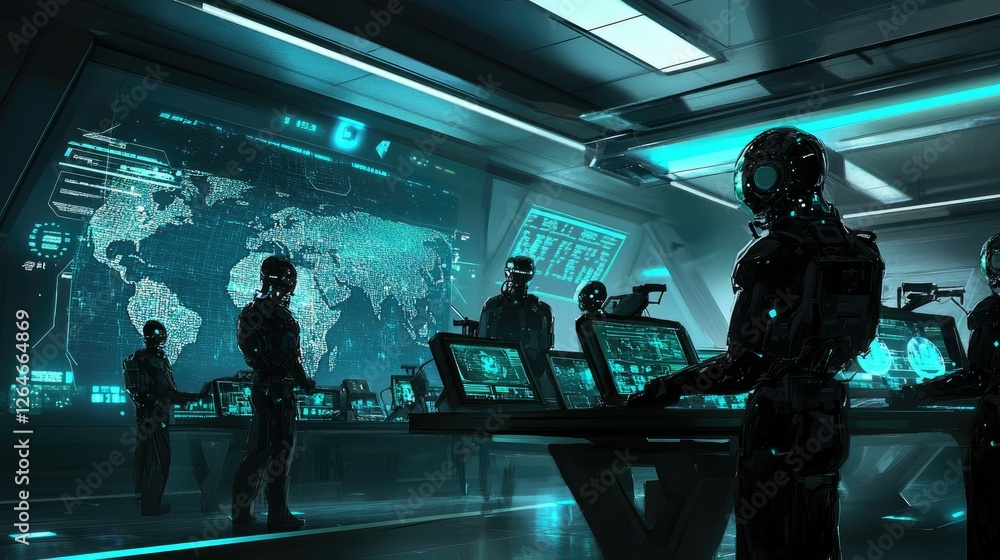 Aufkleber a team of ai robots working together to complete a task in a futuristic workspace, surrounded by dig