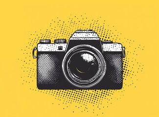 A simple vector graphic of an old film camera made from black and white dots on a yellow background, with a halftone pattern.