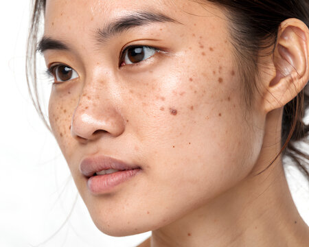 Close up - Young Asian woman's face showing dark age spots and pigmentation issues, highlighting skin aging and dermatology concerns
