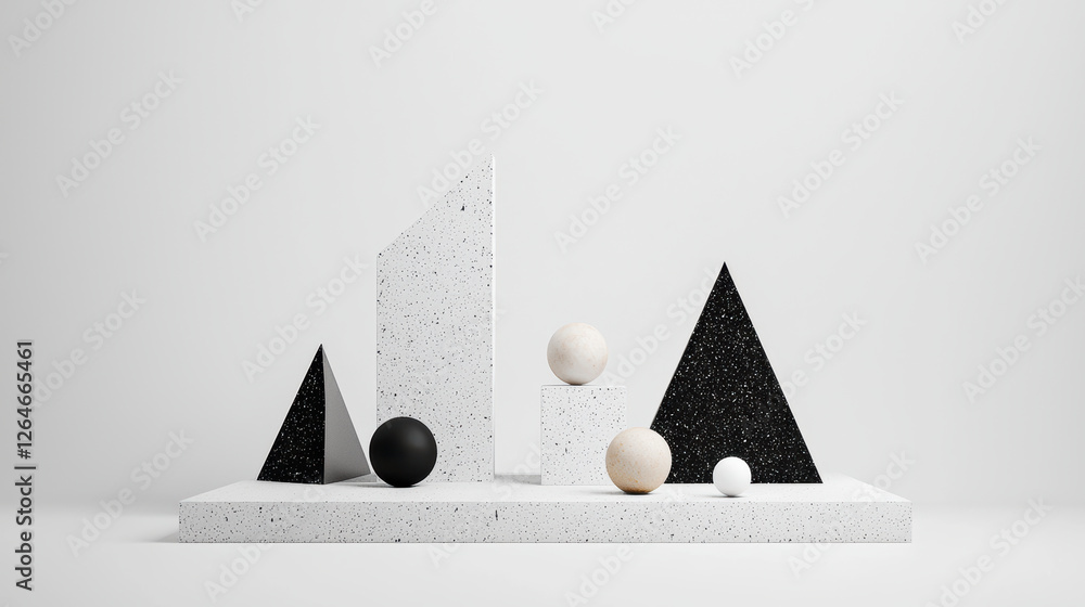 Poster geometric monoliths and spheres in minimalist setting create striking visual