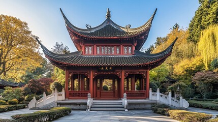 Ornate Red Traditional Pagoda in Autumn Setting under a Clear Blue Sky