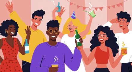 Joyful Party Celebration Illustration with Diverse Group of Friends Holding Drinks and Partying