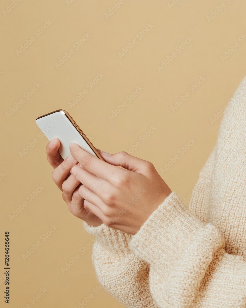 Poster minimalist tech interaction modern smartphone tapping by young adult in knitwear - digital innovatio