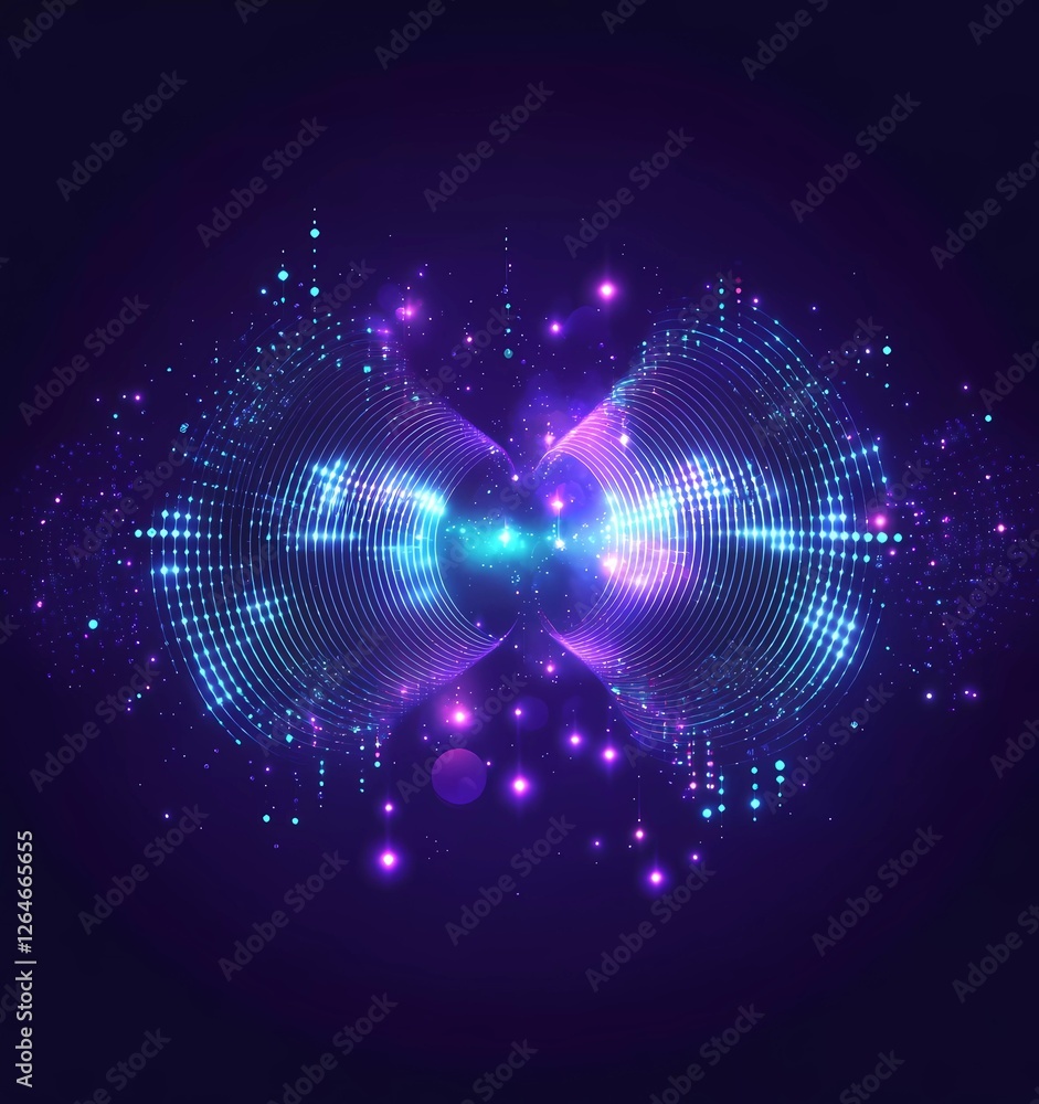 Poster abstract vector background with dots in the form of sound waves, a circular gradient effect, and glo